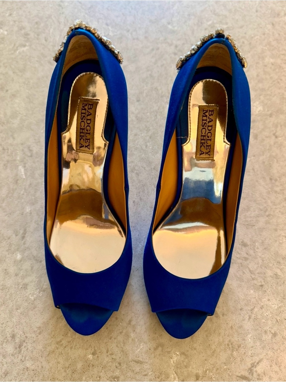 Badgley Mischka Cobalt Blue Peep-Toe Jeweled Pumps